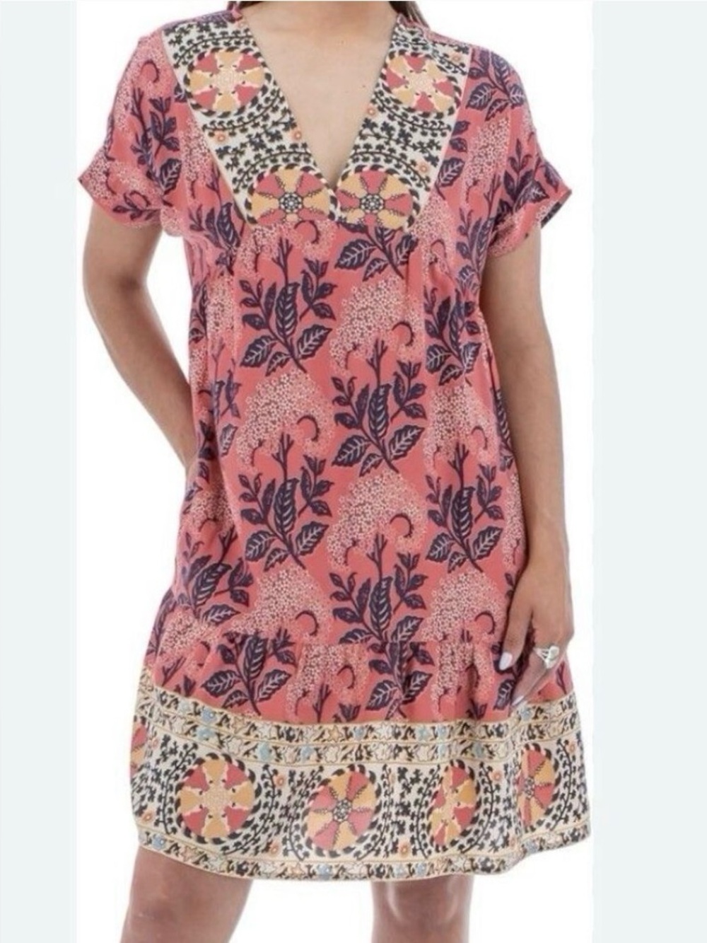 Aventura Pink Floral V-Neck Mini Dress with Navy Leaf Print ptp 21 length 36
